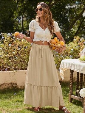 NWT - Size L - Strapless Tiered Maxi Skirt OR Midi Dress - Light Khaki